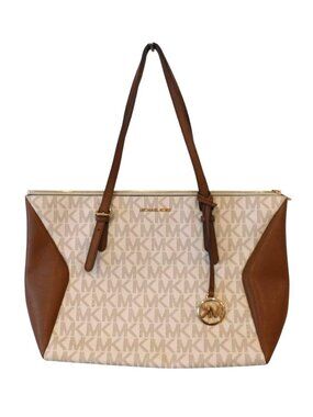 Michael Kors Coraline Large Logo Tote Purse Vanilla MK Brown Leather Bag